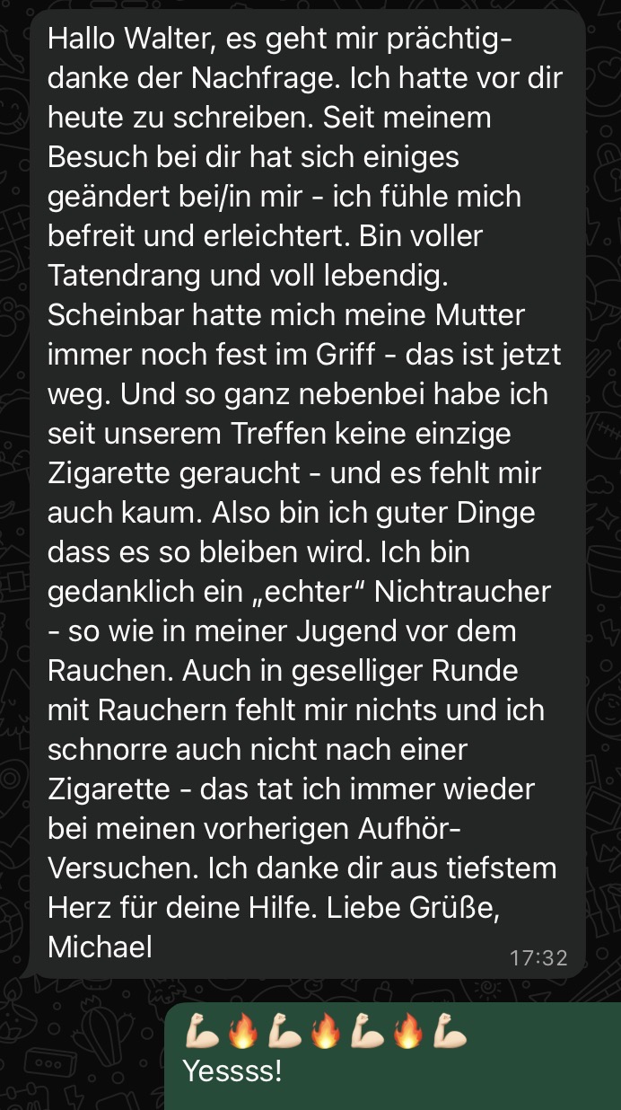 Nachricht einer Klientin: innere Unruhe deutlich weniger geworden, Kopf frei, Grundeinstellung positiver